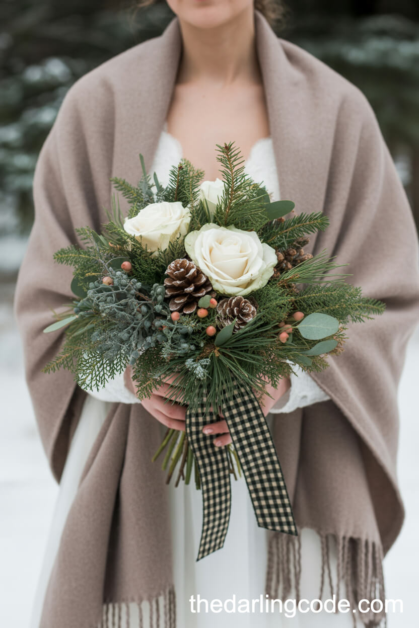 Cozy Winter Bouquet With Evergreens, Pinecones, And Berries