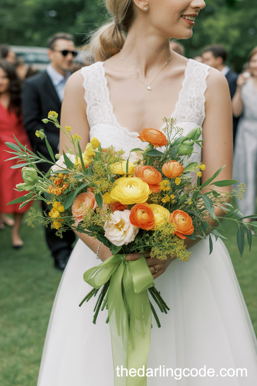 Citrus-Inspired Summer Bouquet With Orange Ranunculus And Yellow Roses