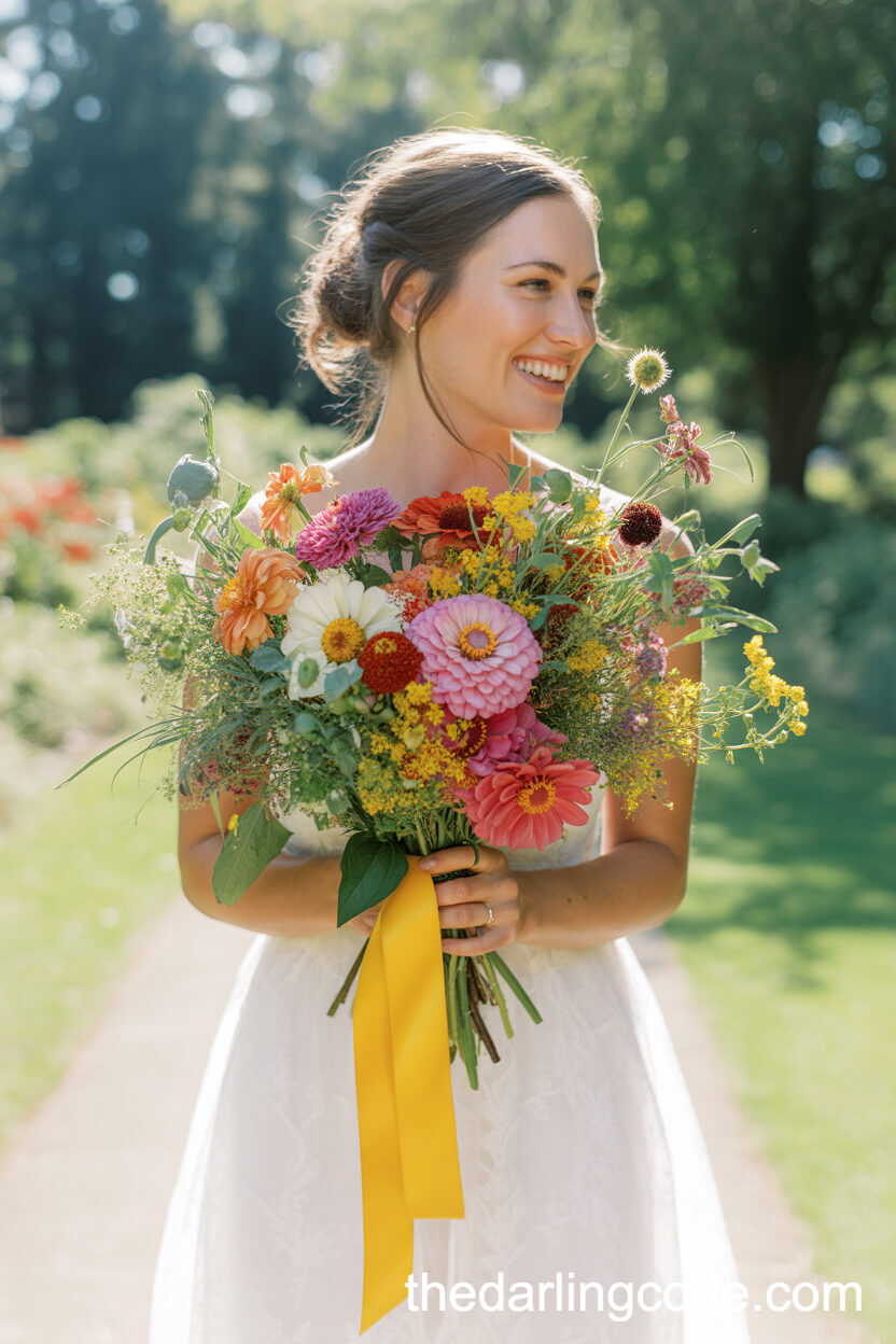 Joyful Zinnia And Dahlia Bouquet For A Sunlit Garden Wedding