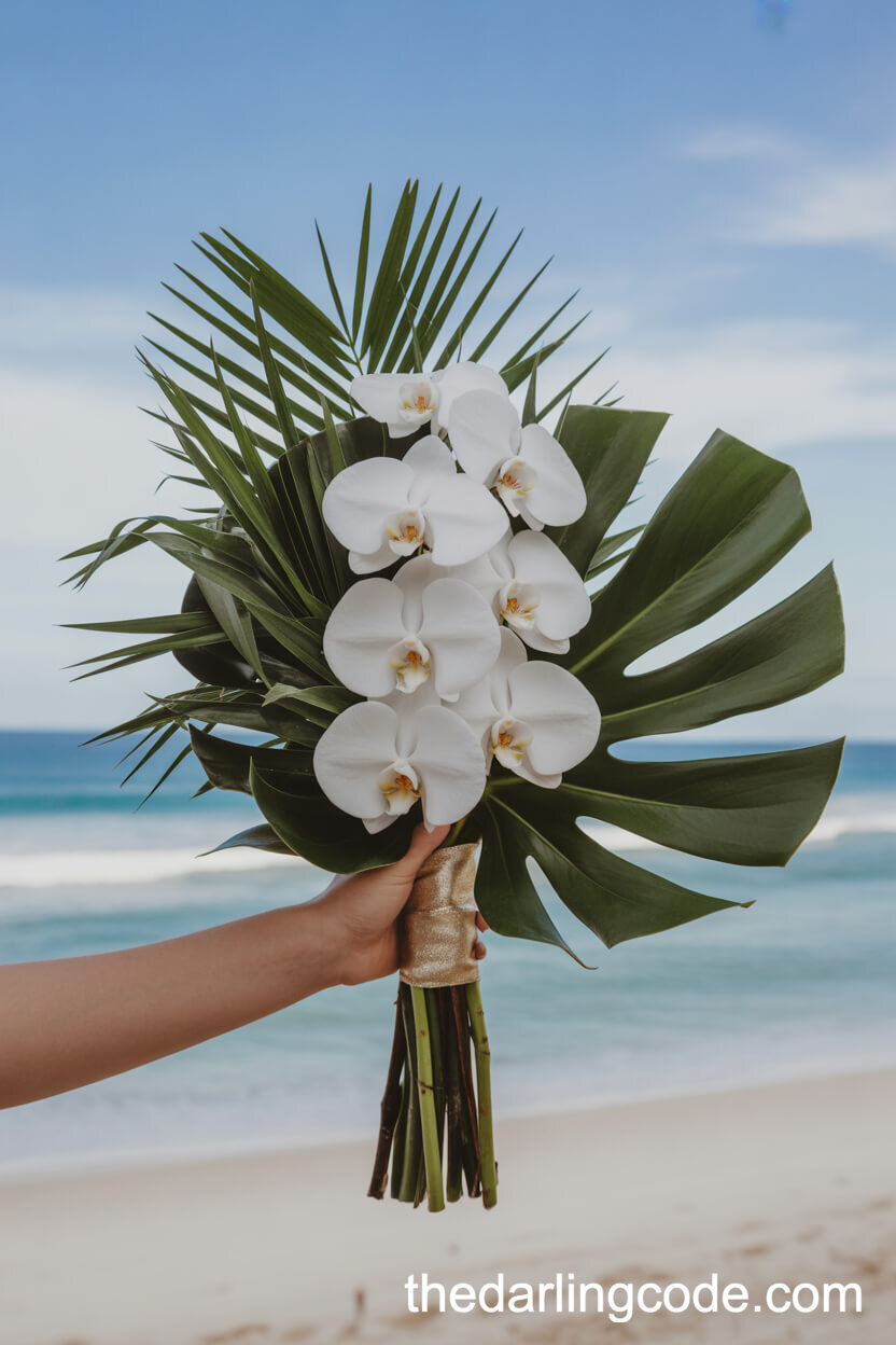 Modern White Orchid And Palm Leaf Tropical Bouquet