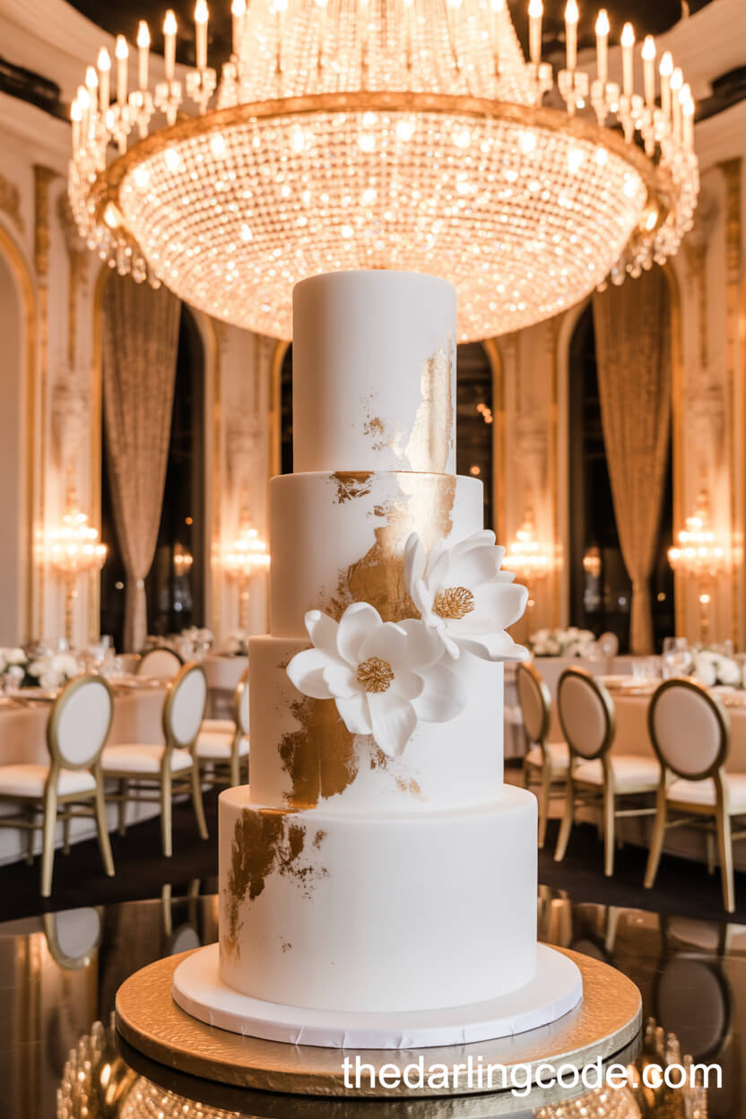 Tall White Cake With Gold Leaf And Sugar Magnolias