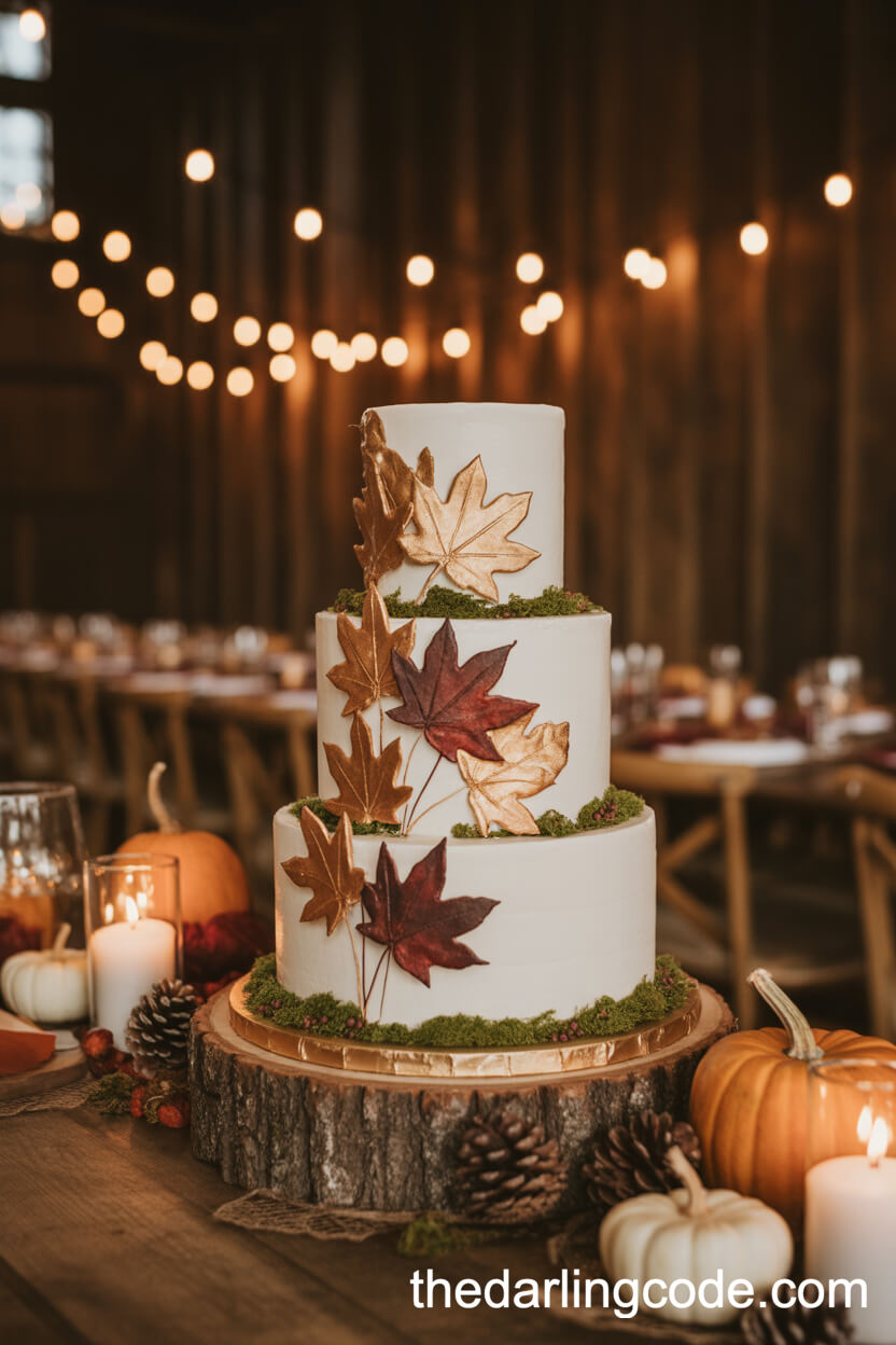 Autumn Maple Leaf And Pinecone Rustic Cake