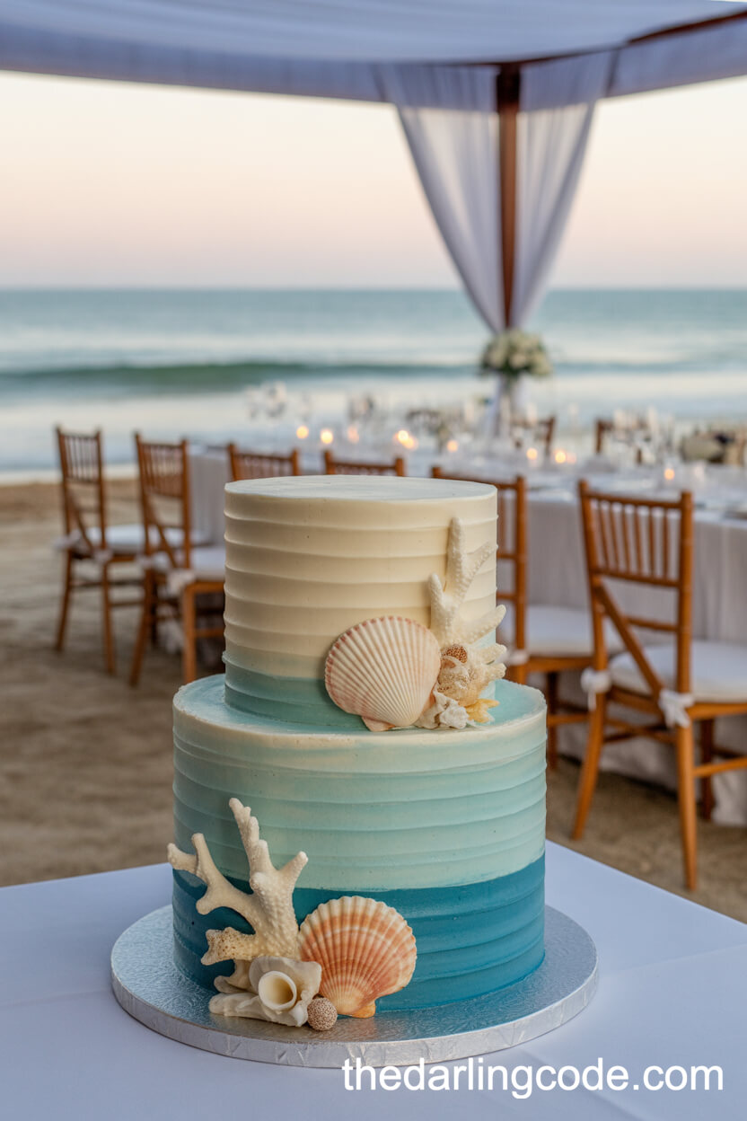 Sea Blue And Ivory Cake With Edible Seashells