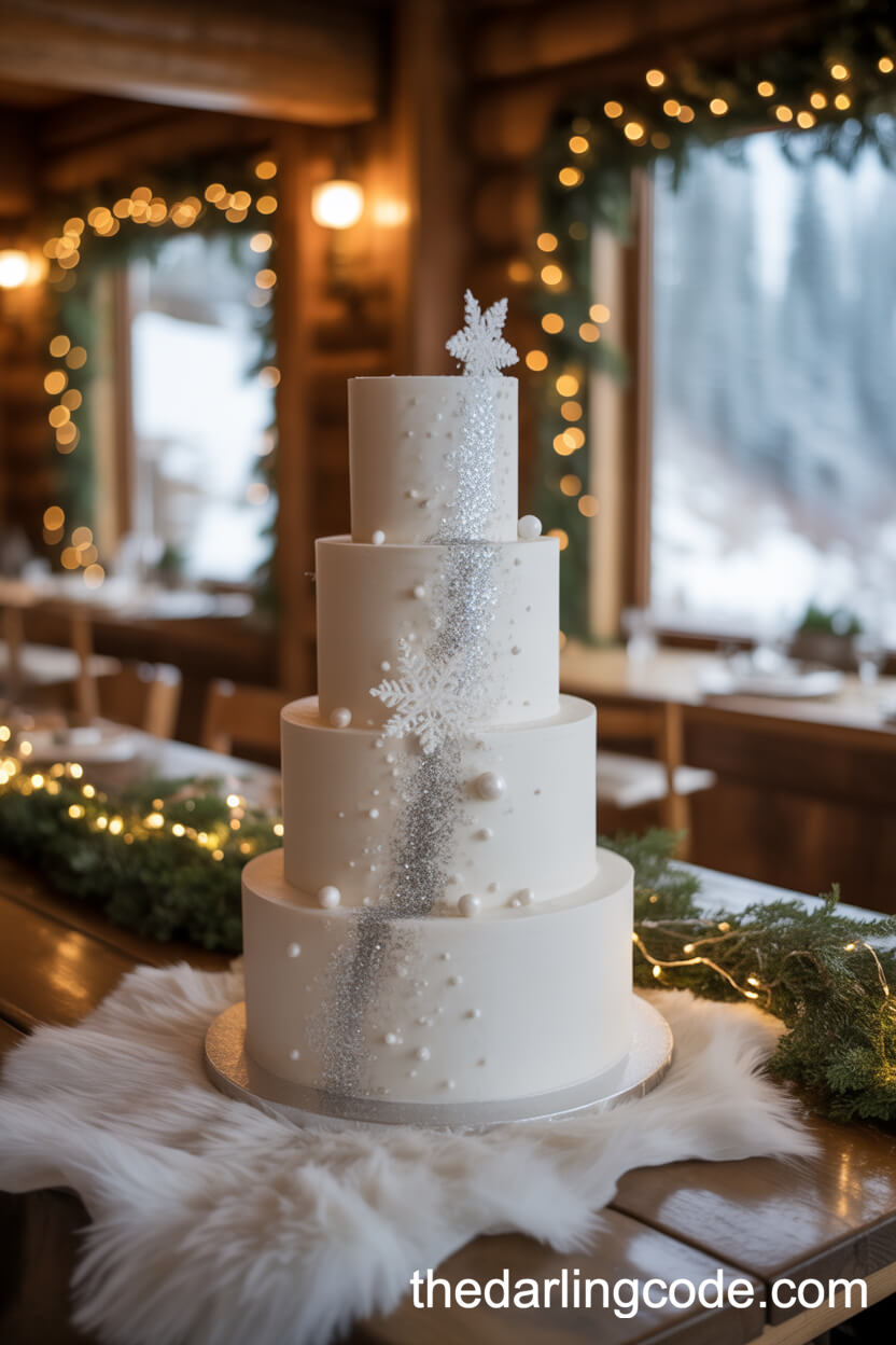 Silver Glitter And Snowflake Winter Wedding Cake