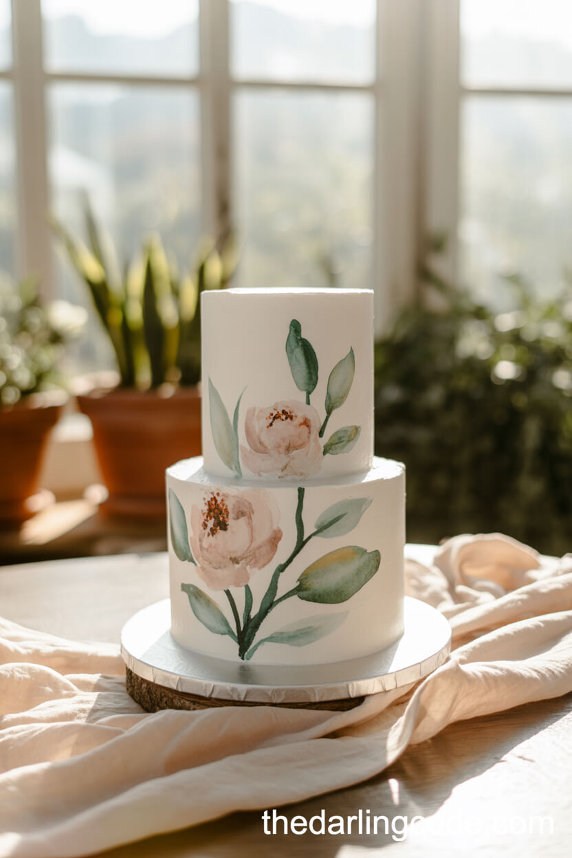 Watercolor Floral Two-Tier Wedding Cake