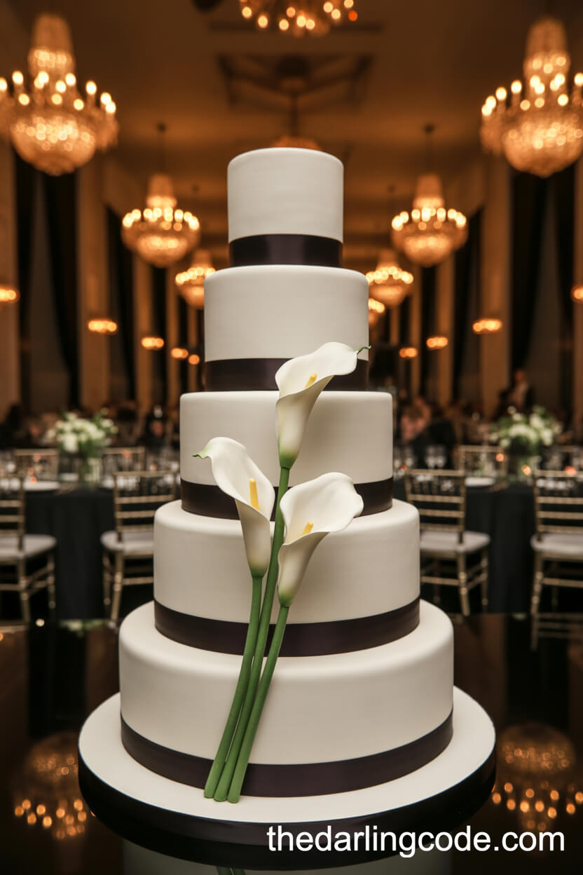 White Cake With Black Satin Ribbon And Sugar Calla Lily