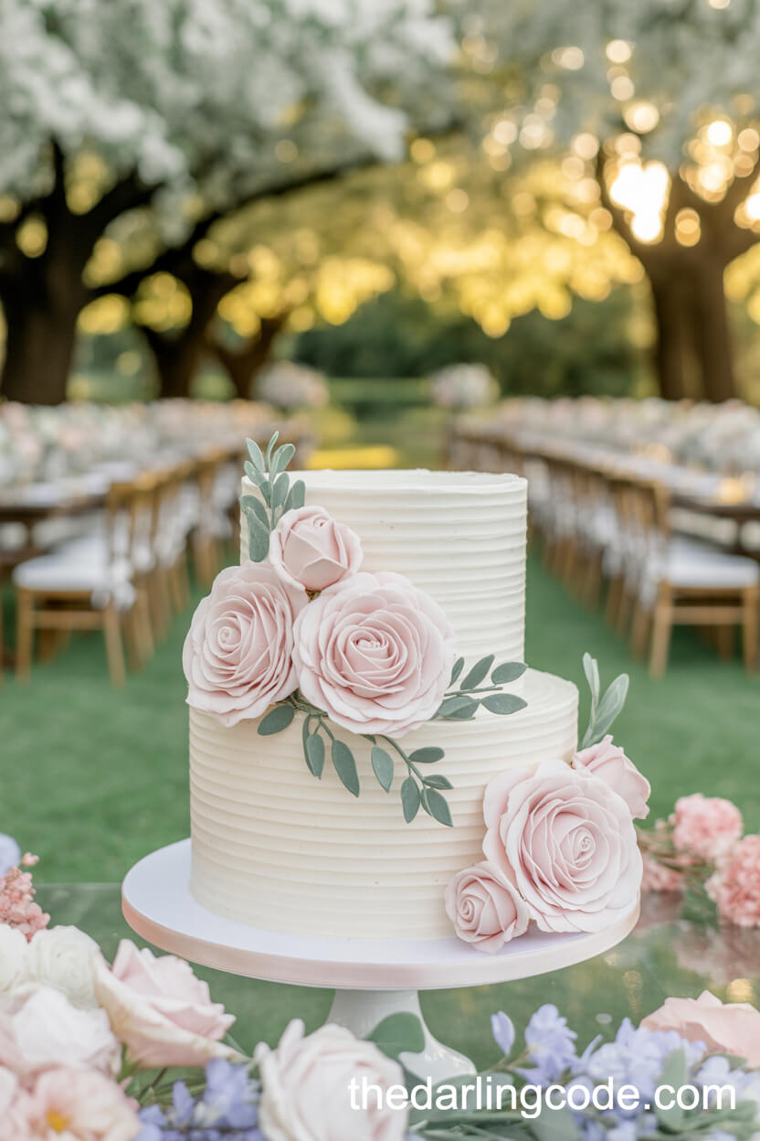 Two-Tier Blush Pink Rose And Greenery Garden Cake