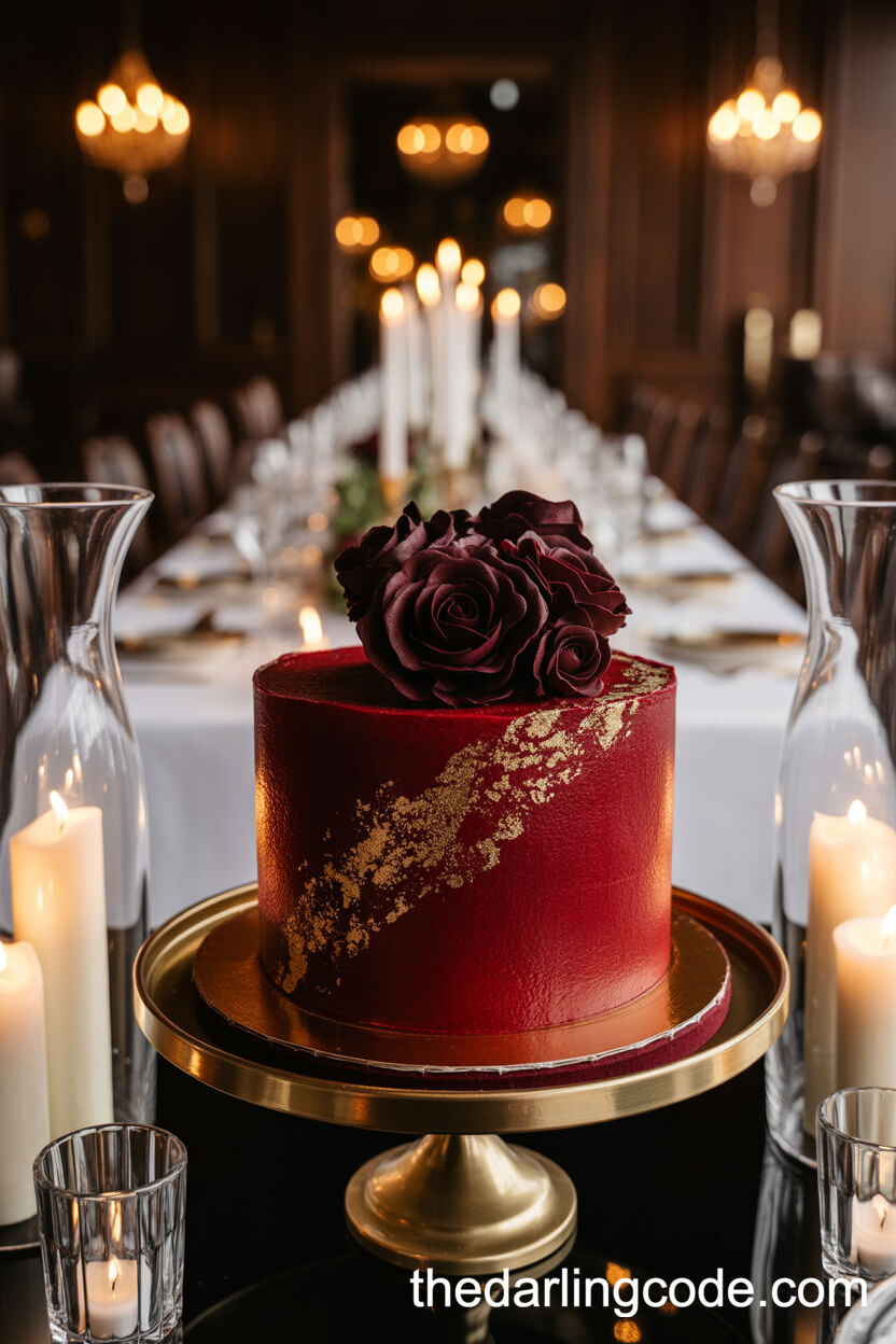 Deep Red Velvet Cake With Burgundy Roses And Gold Accents