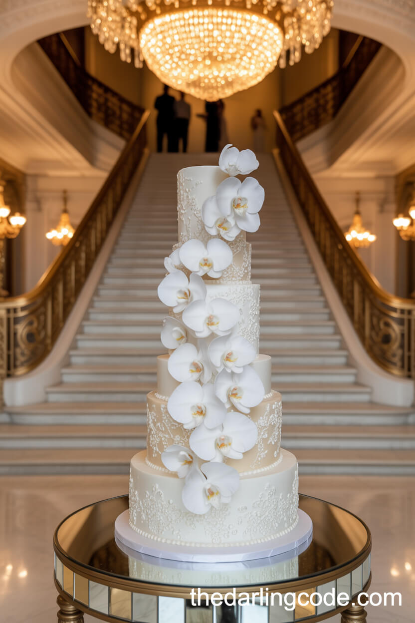 Multi-Tier White And Ivory Cake With Sugar Lace And Orchids