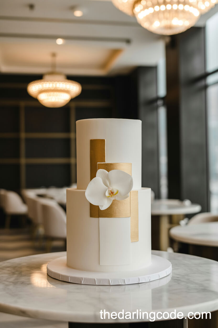 Minimalist White Cake With Gold Geometric Accents And Orchid