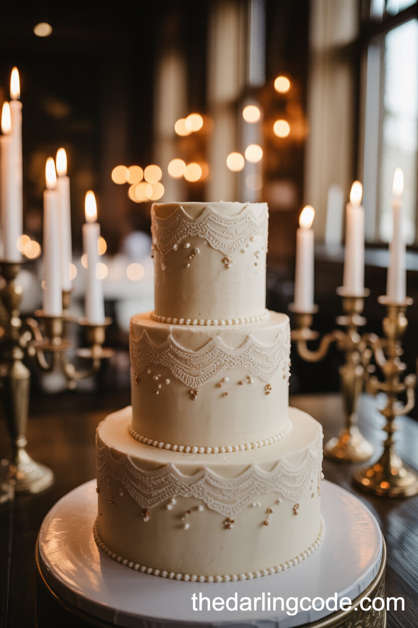 Ivory Wedding Cake With Lace Piping, Edible Pearls, And Gold Leaf