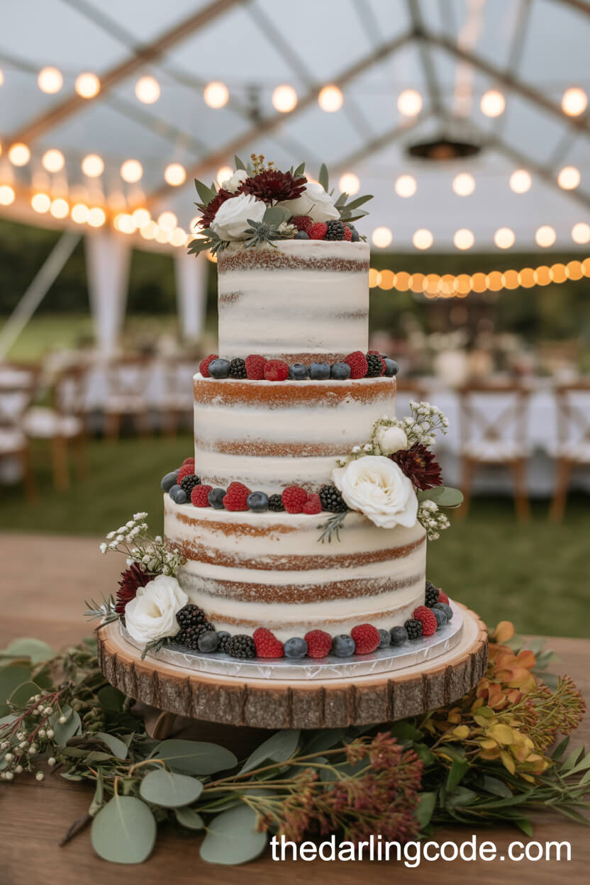 Rustic Semi-Naked Cake With Berries And Flower Cascade