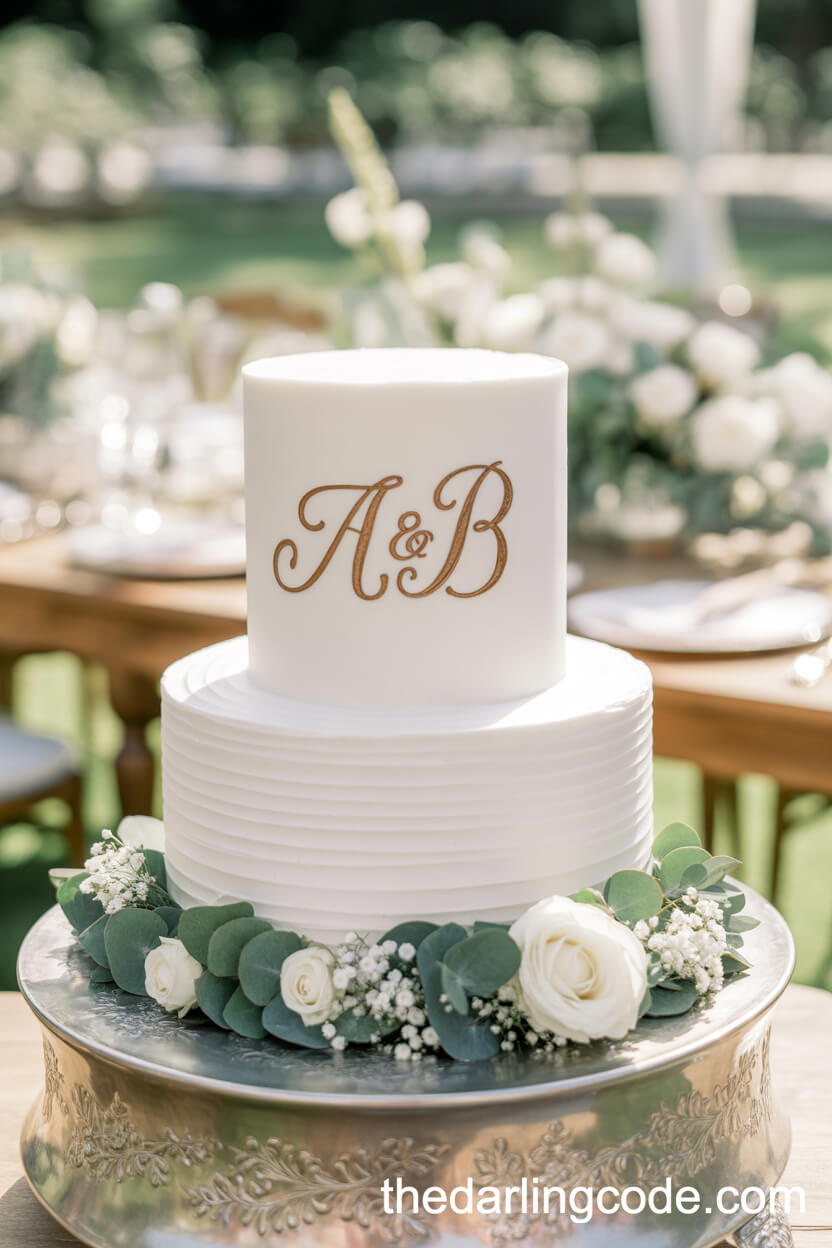 Monogrammed White Cake With Eucalyptus And Roses