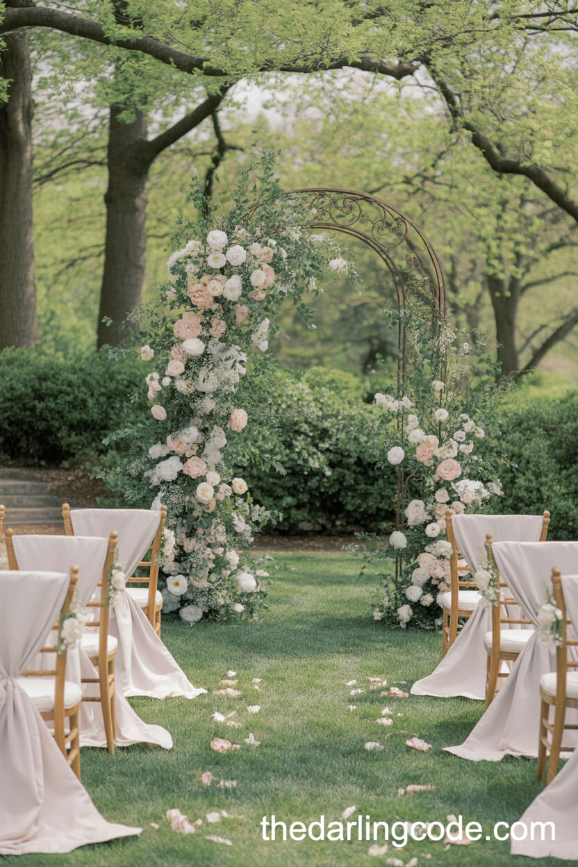 English Garden Ceremony With Blush Florals And Ornate Iron Arch