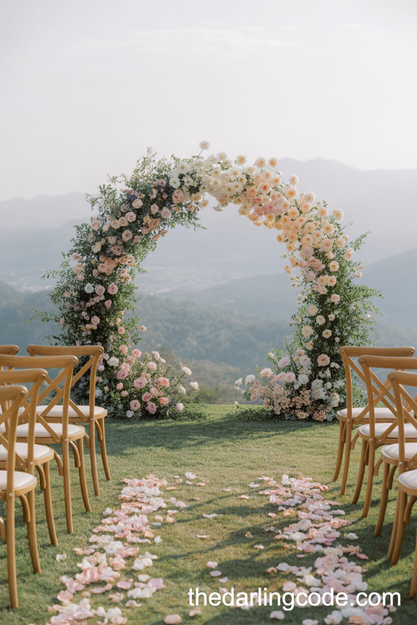 Mountain-View Ceremony With Pastel Floral Arch
