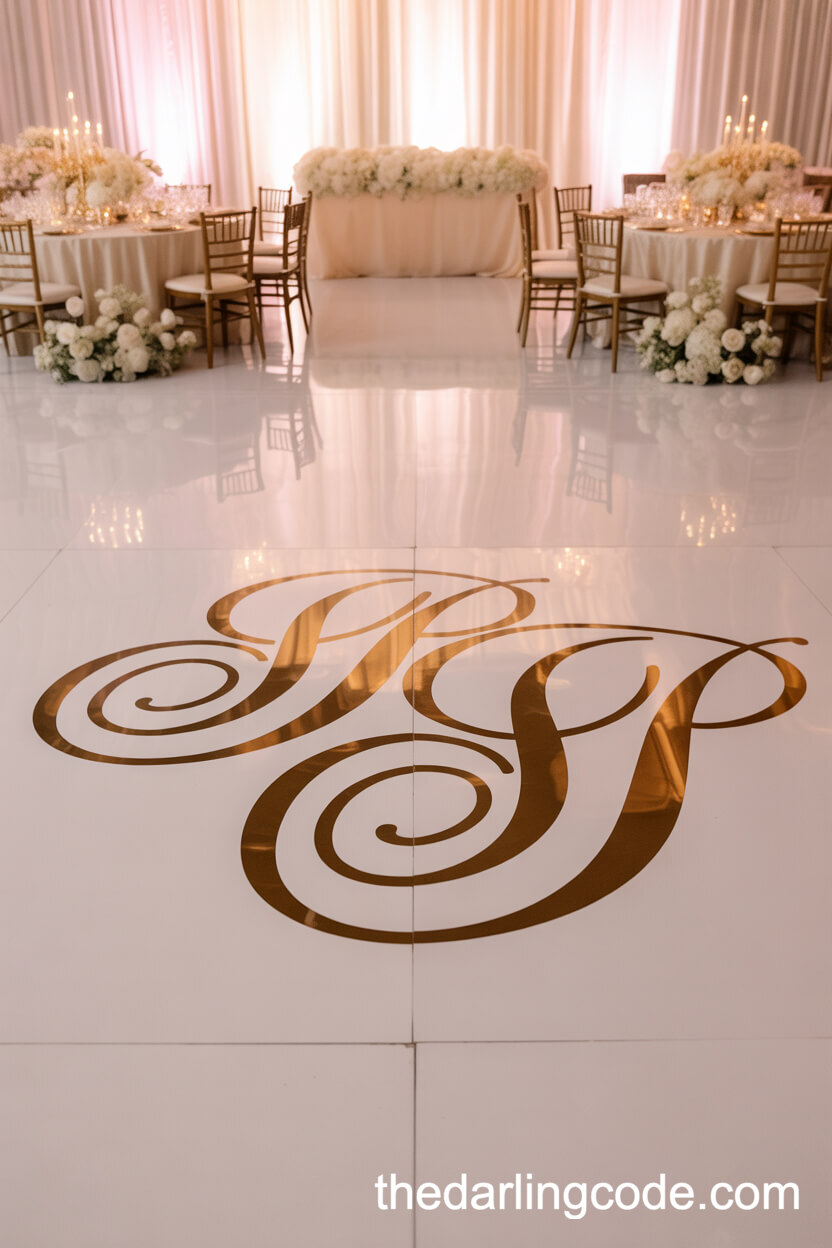 Monogrammed Dance Floor With Gold Script And Romantic Uplighting