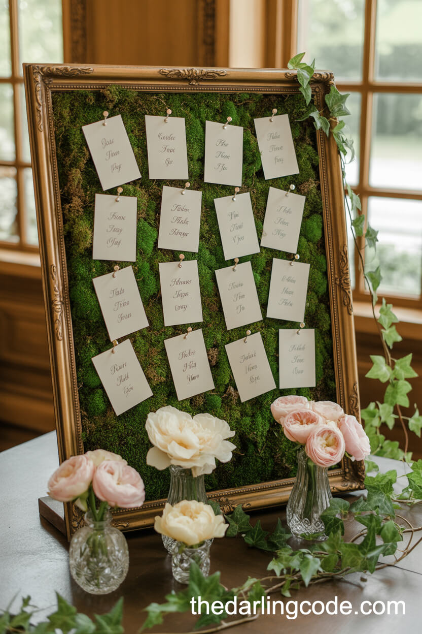 Garden-Inspired Moss-Backed Escort Card Display