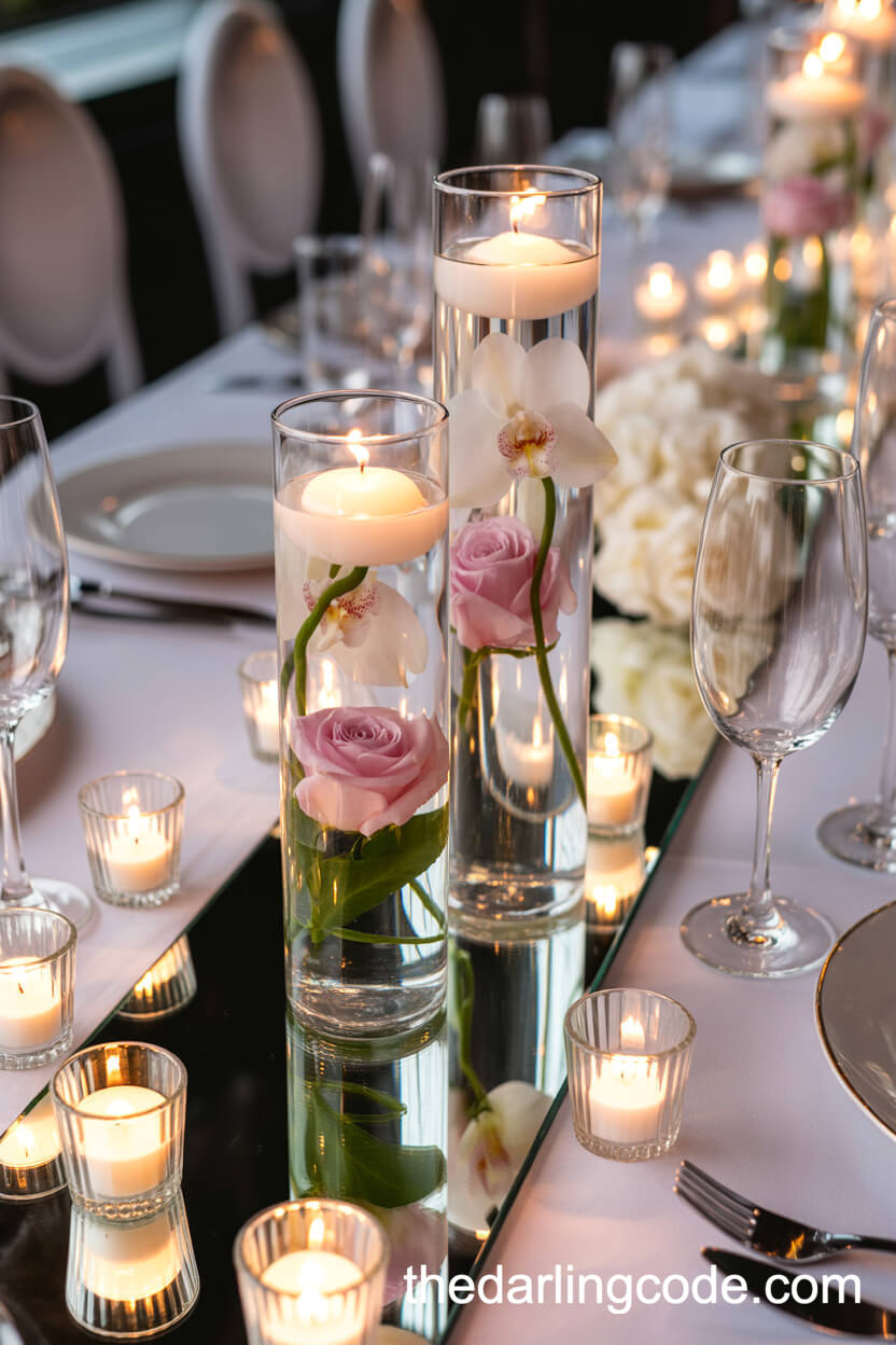 Tall Vase Centerpieces With Floating Blooms And Candlelight