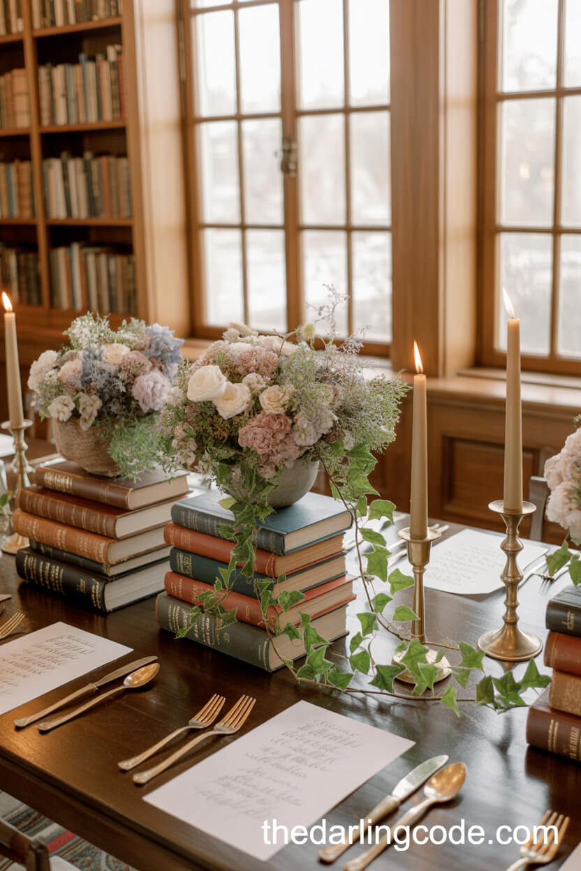 Tablescapes With Antique Books, Taper Candles, And Garden Flowers