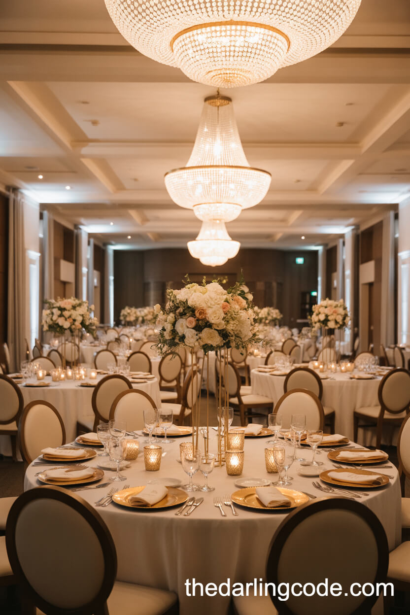 Grand Ballroom Glamour: Gold Accents And Crystal Chandeliers