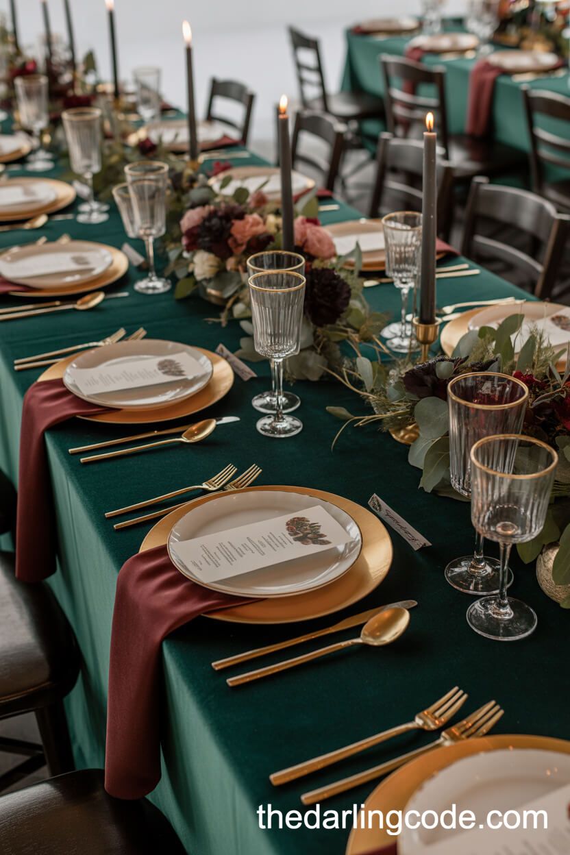 Winter Reception Tables With Emerald Velvet Runners And Jewel Tones