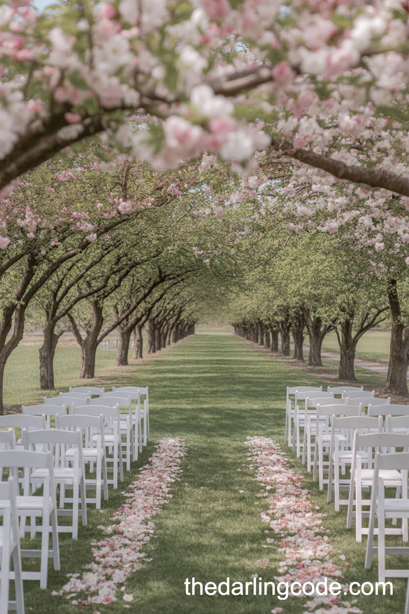 Orchard Ceremony Aisle Beneath Blossoming Trees