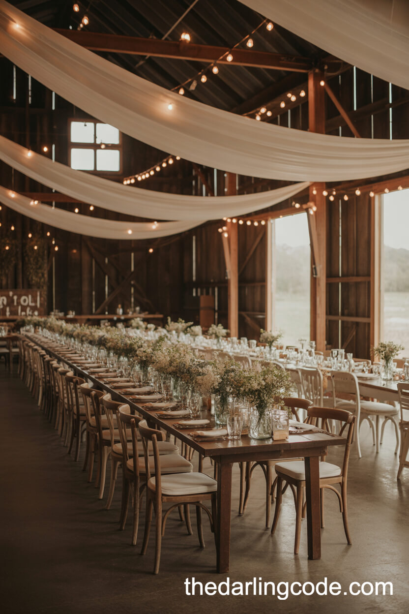 Rustic Barn Reception With String Lights And Wildflower Details