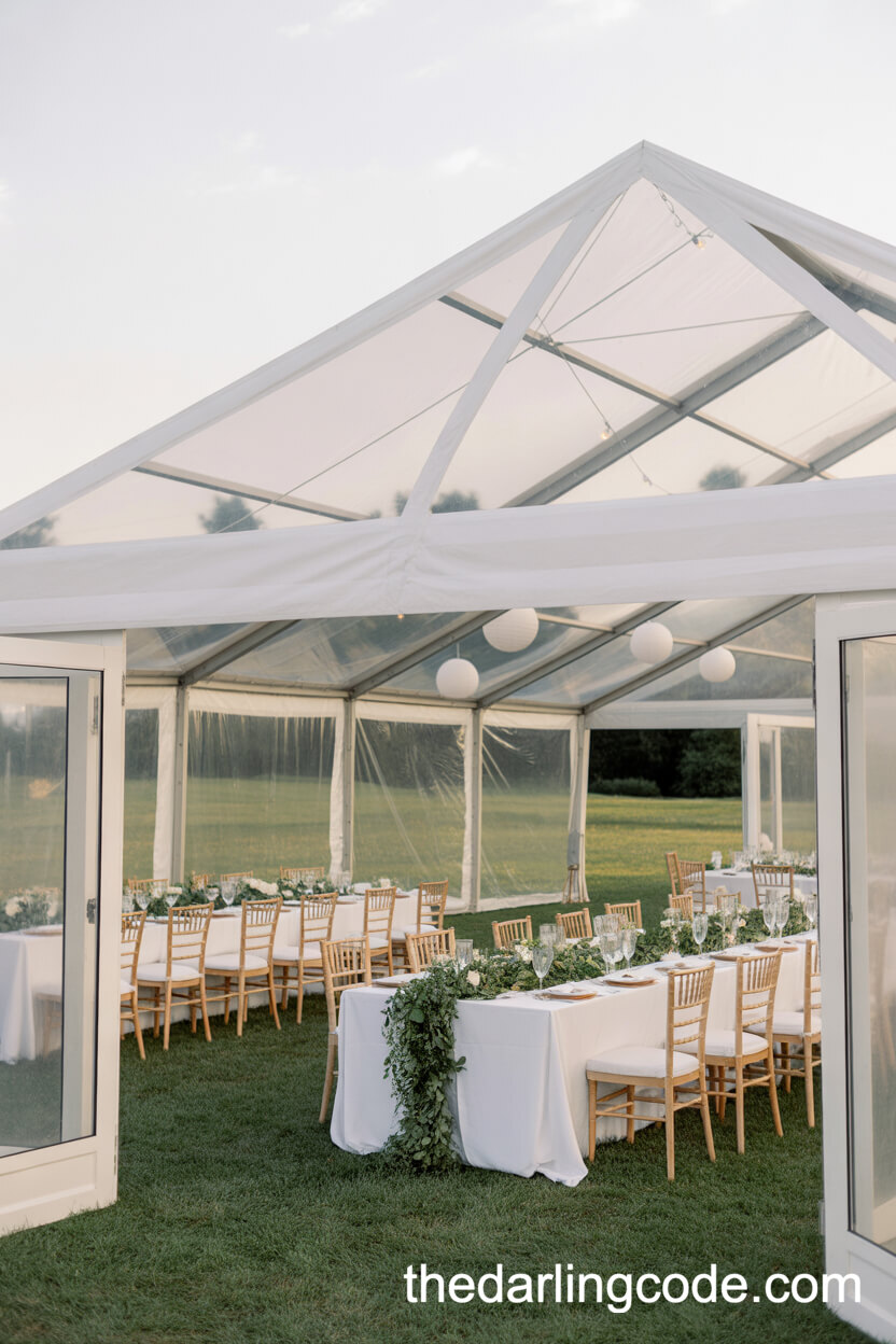 Elegant White Tent Reception With Lush Greenery Runners