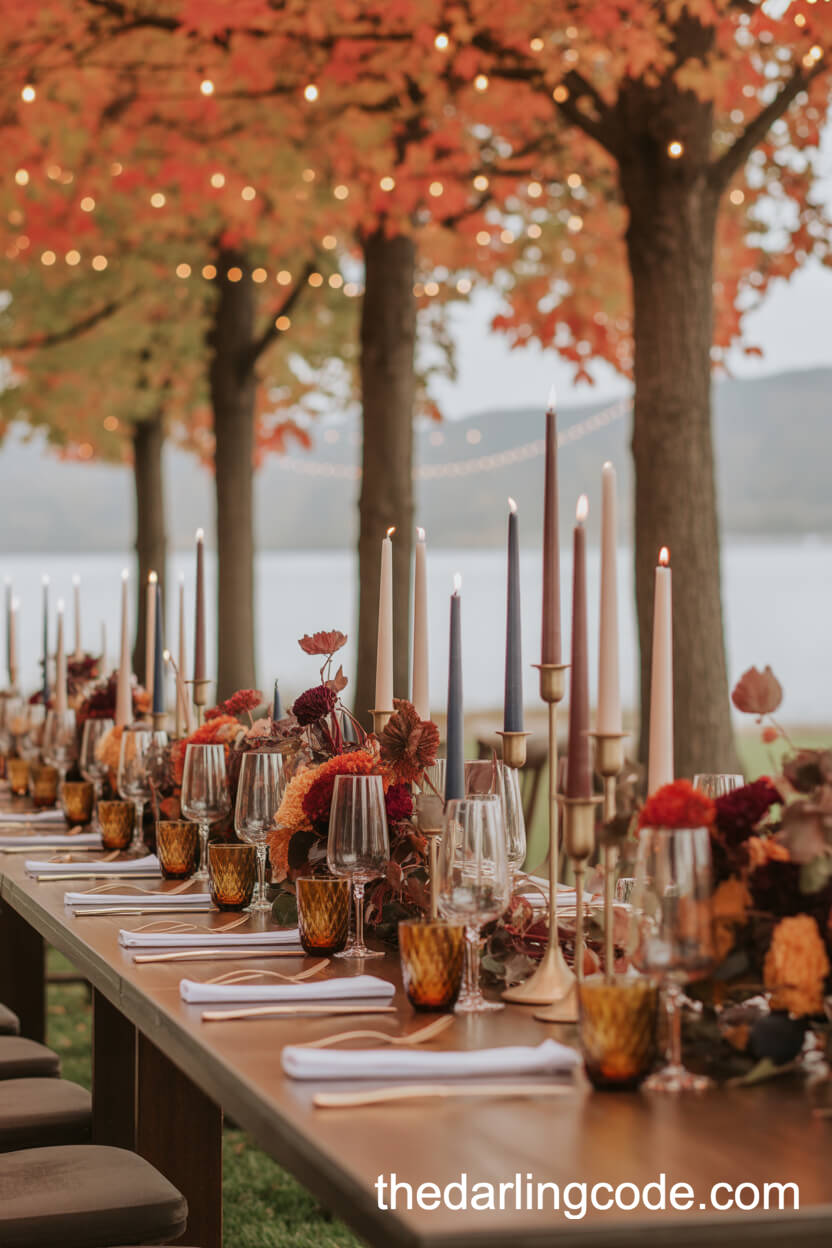 Autumn Outdoor Banquet: Warm Tones And Brass Candlelight