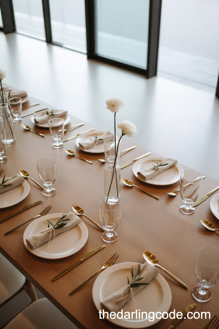 Minimalist Wedding Table With Olive Sprigs And White Bloom Accents