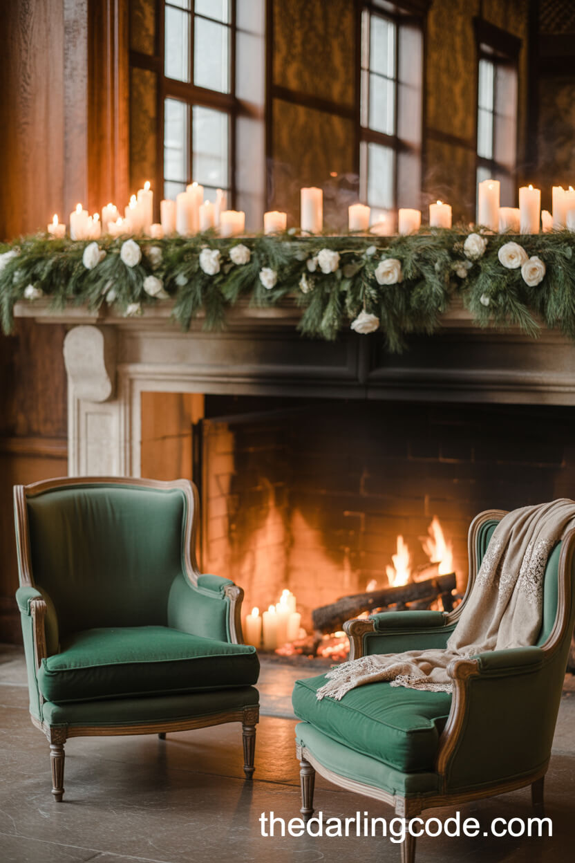 Cozy Winter Lounge By A Garlanded Stone Fireplace
