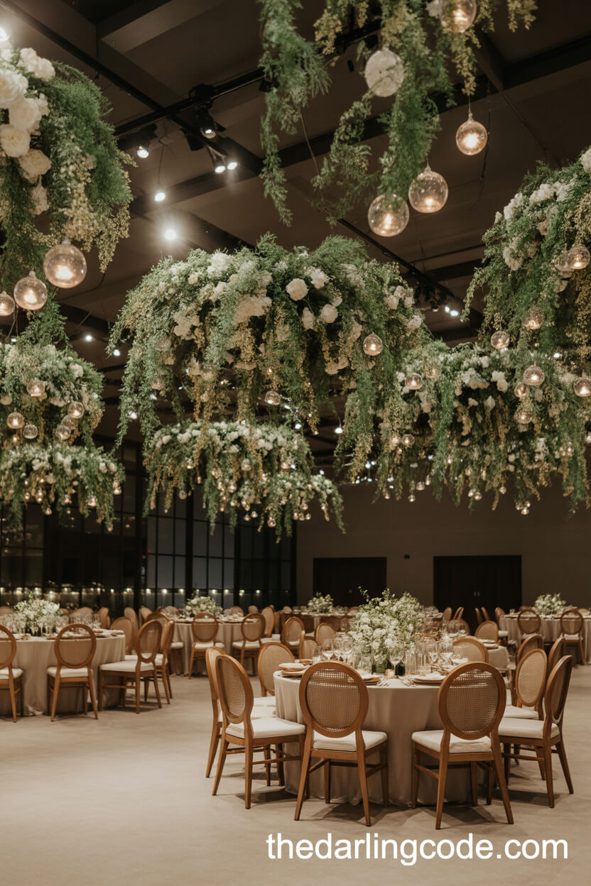 Suspended Greenery And Glass Orb Ceiling Installations