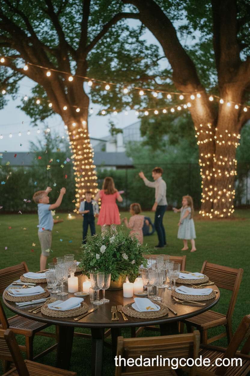 Backyard Celebration With String Lights And Lawn Games
