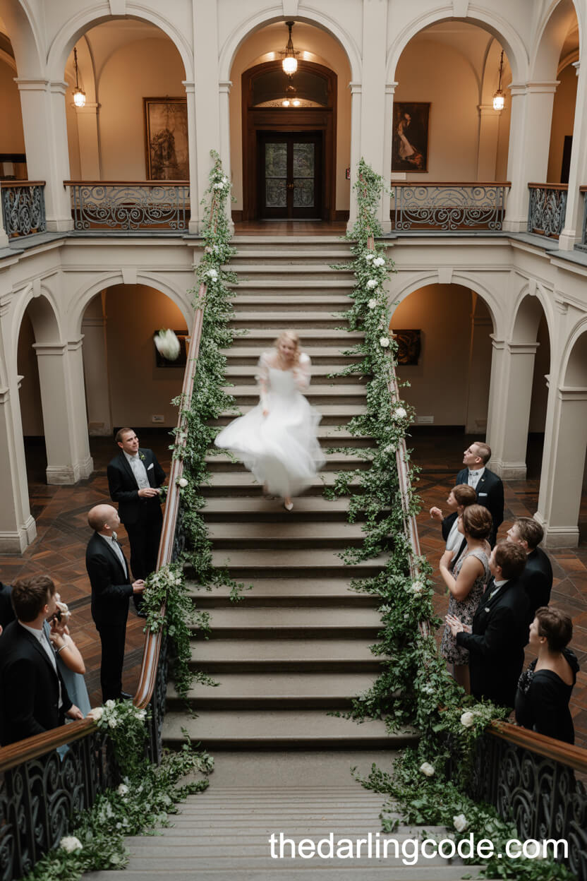 Floral Staircase Moment For The Bridal Bouquet Toss
