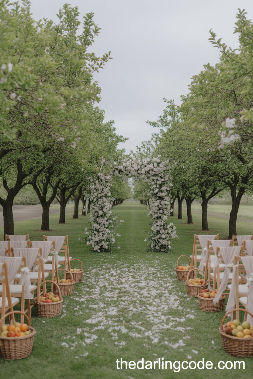 Orchard Ceremony With Blooming Fruit Trees And Pastel Details