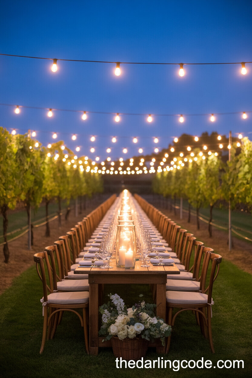 Twilight Vineyard Reception With Candlelit Farm Tables