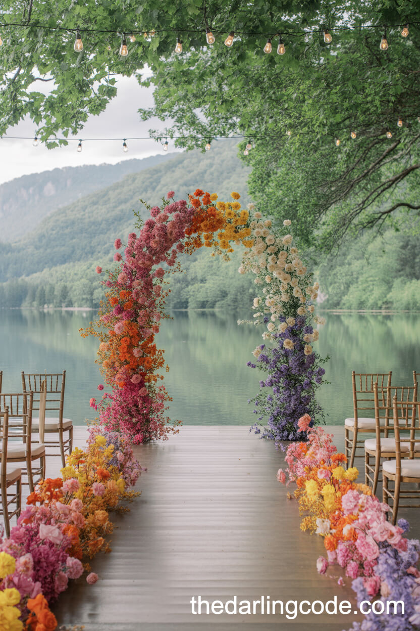 Sunset Lake Ceremony With A Rainbow Floral Arch