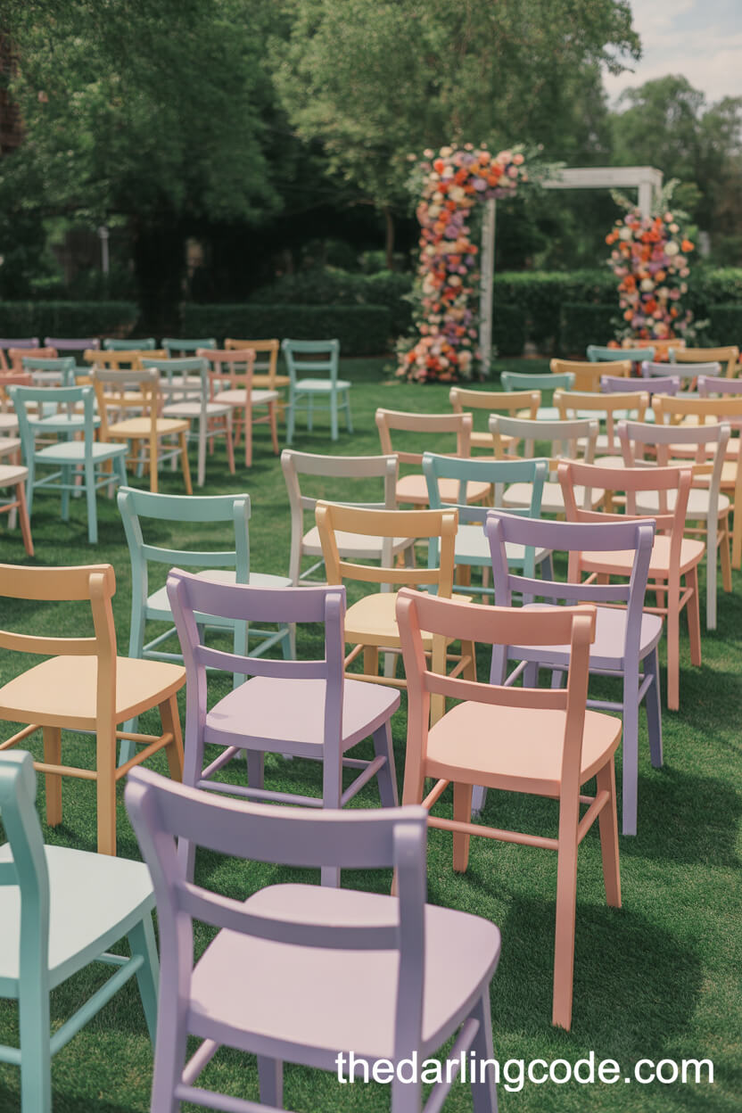 Pastel Rainbow Ceremony Chairs On A Lush Green Lawn