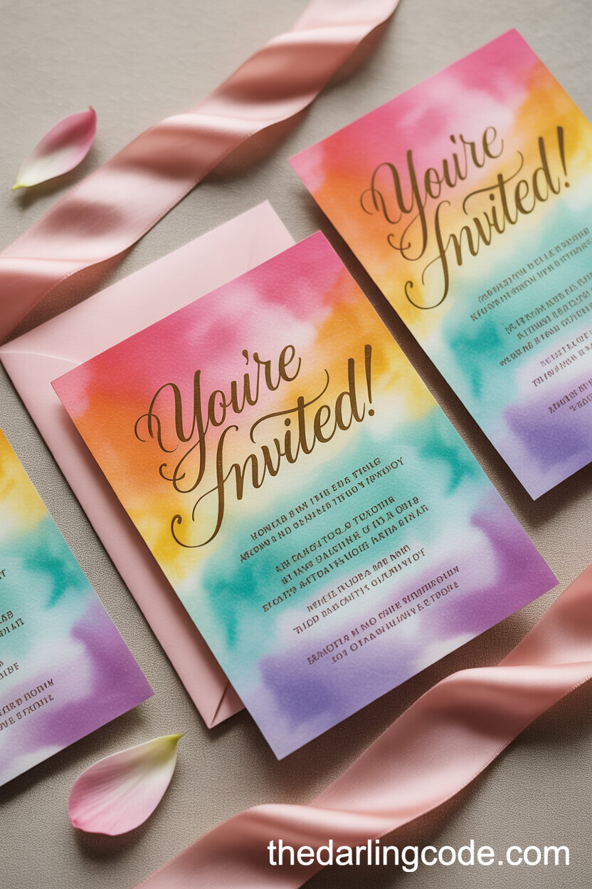 Ombre Watercolor Wedding Invitations With Gold Calligraphy