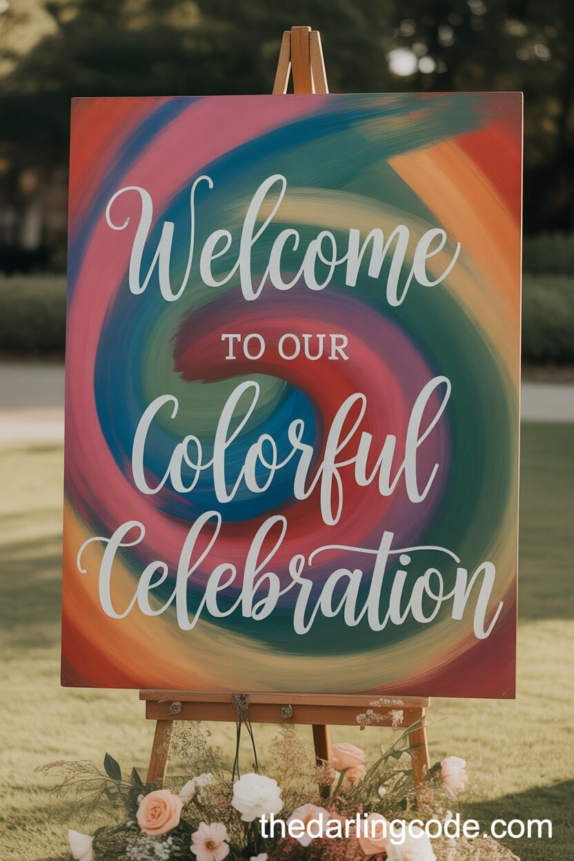 Brush-Painted Rainbow Welcome Sign With Summer Blooms