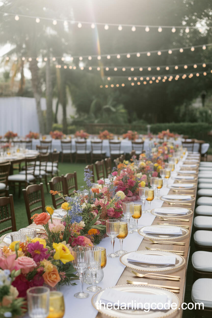 Vibrant Garden Reception Tables Overflowing With Color