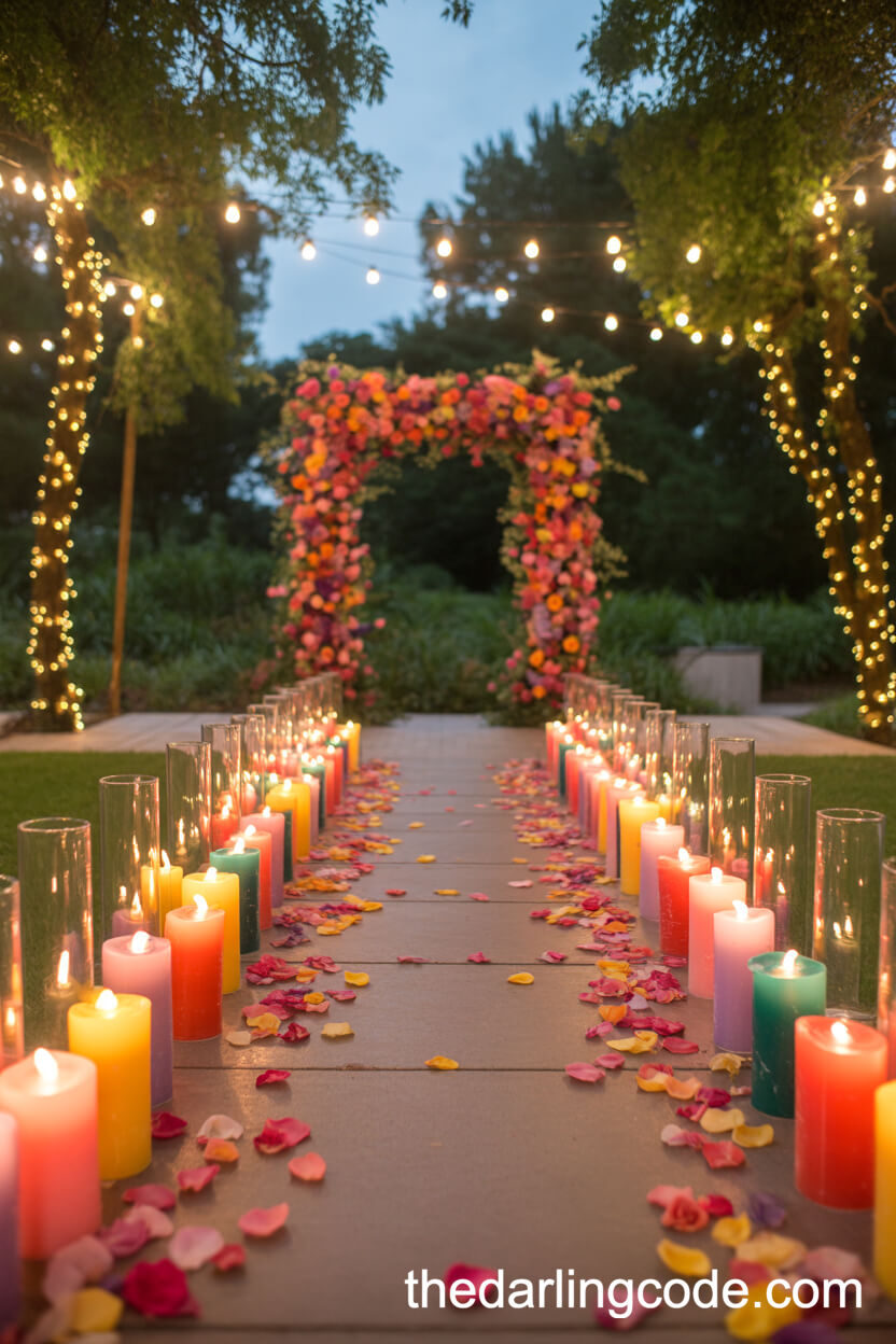 Aisle Of Multi-Colored Candles And Rose Petals At Dusk