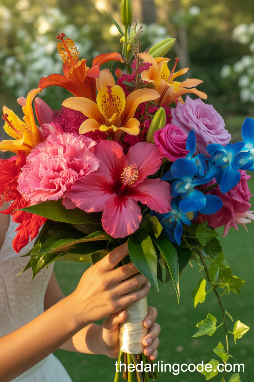 Tropical Bridal Bouquet With Deeply Saturated Summer Blooms