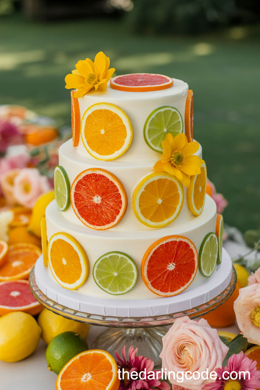 Citrus-Inspired Wedding Cake Adorned With Edible Flowers