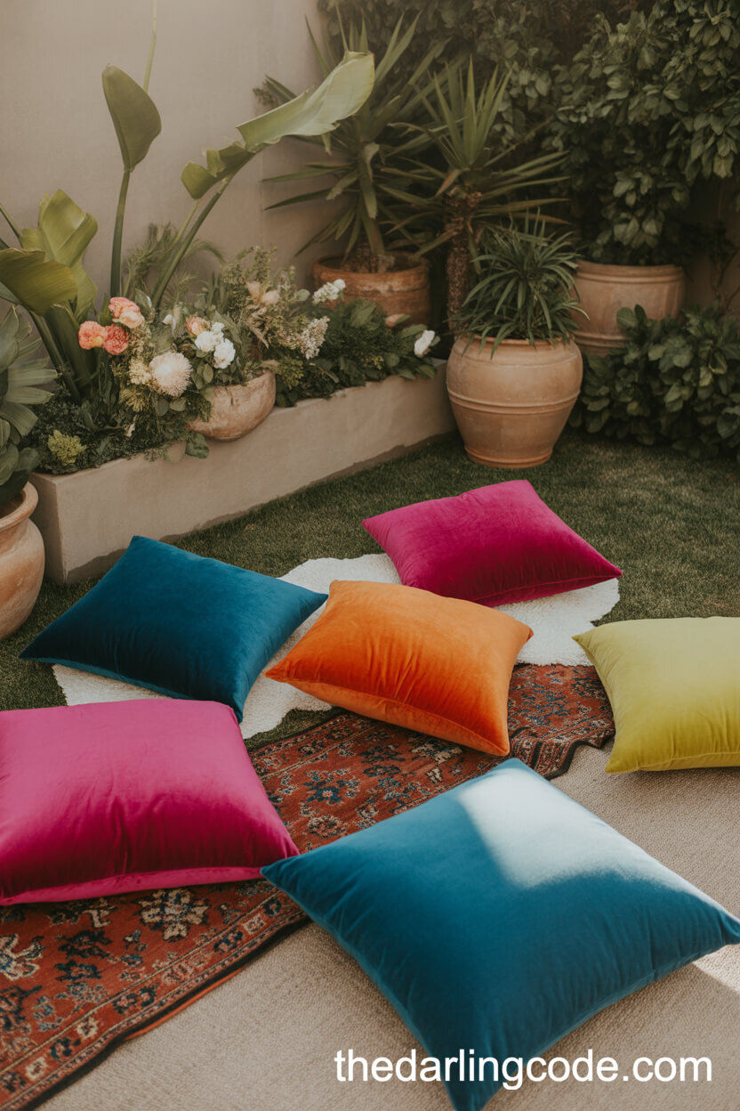 Boho-Chic Outdoor Lounge With Bold Velvet Accents
