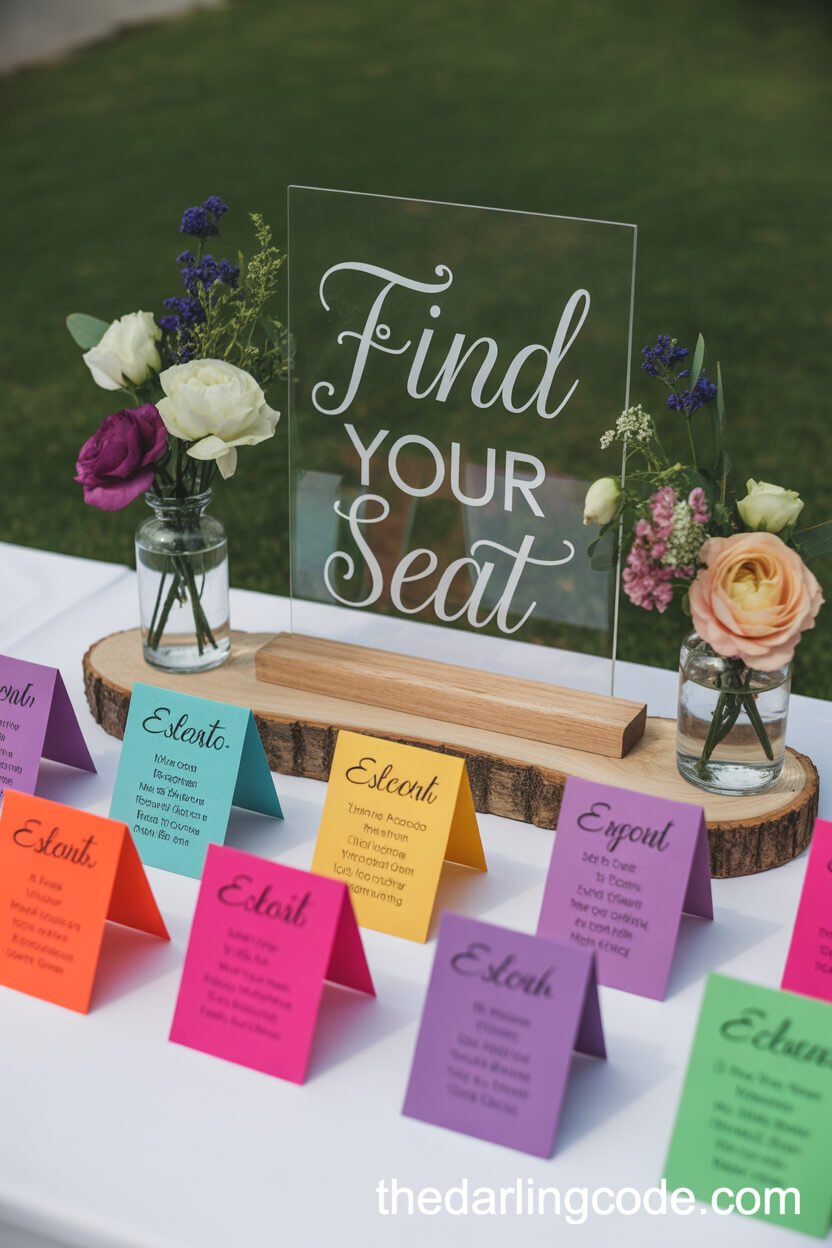 Colorful Escort Card Display With Fresh Floral Accents