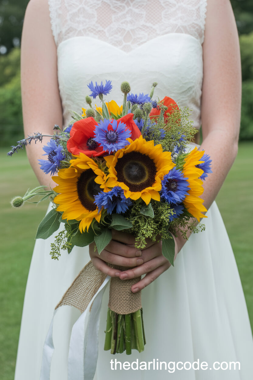 Sunflower, Cornflower, And Poppy Farm Wedding Bouquet