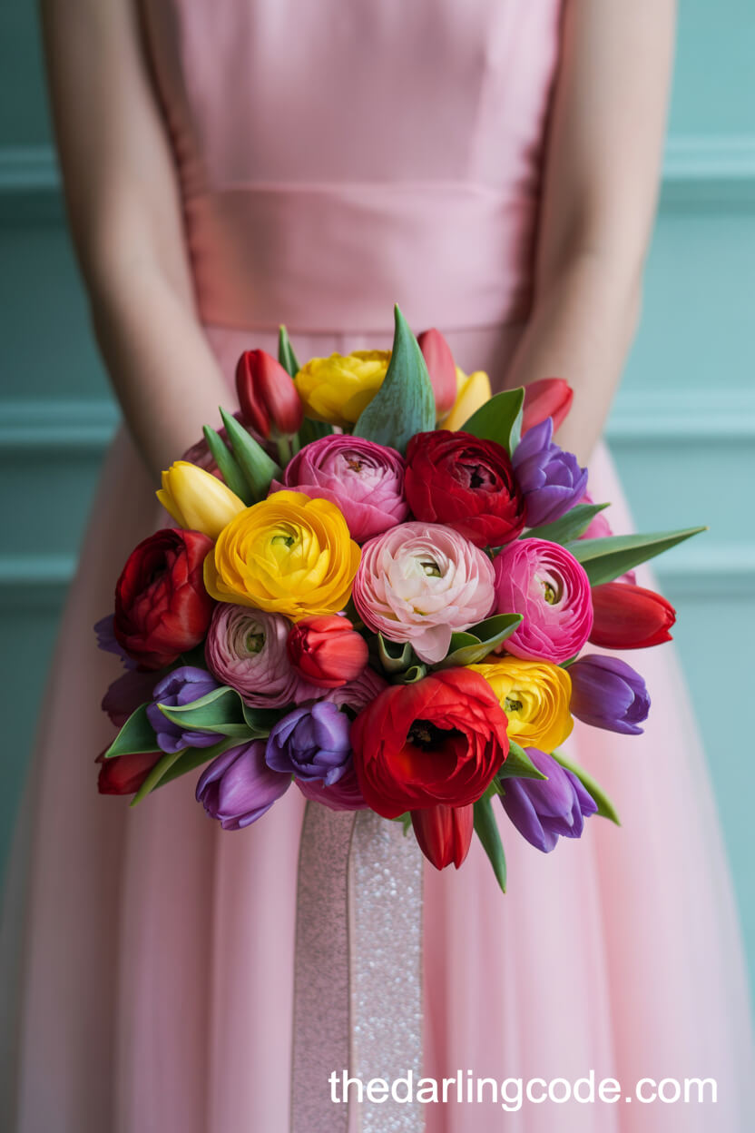 Ranunculus And Tulip Rainbow Bridal Bouquet