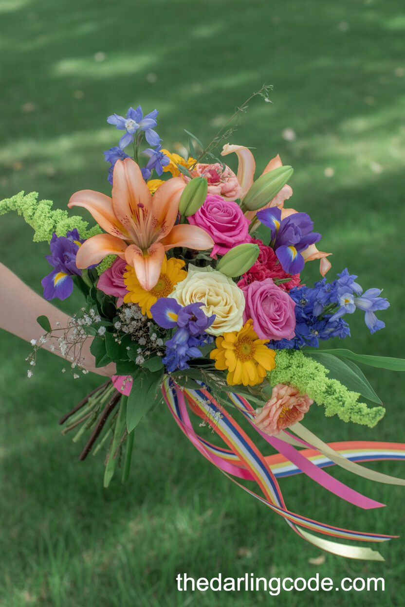 Cascading Lily, Rose, Zinnia, And Iris Bridal Bouquet