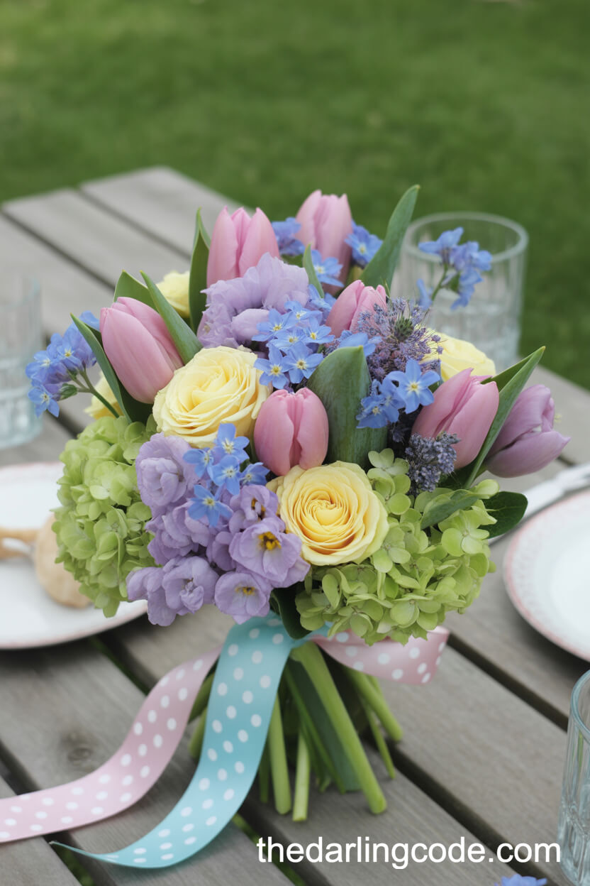 Pastel Tulip, Forget-Me-Not, Rose, And Sweet Pea Bouquet